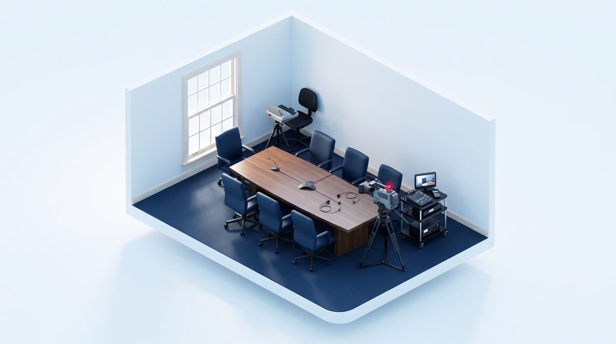 Isometric illustration of a deposition room: camera and equipment cart at one end of the conference table, witness chair opposite, court reporter station in the corner