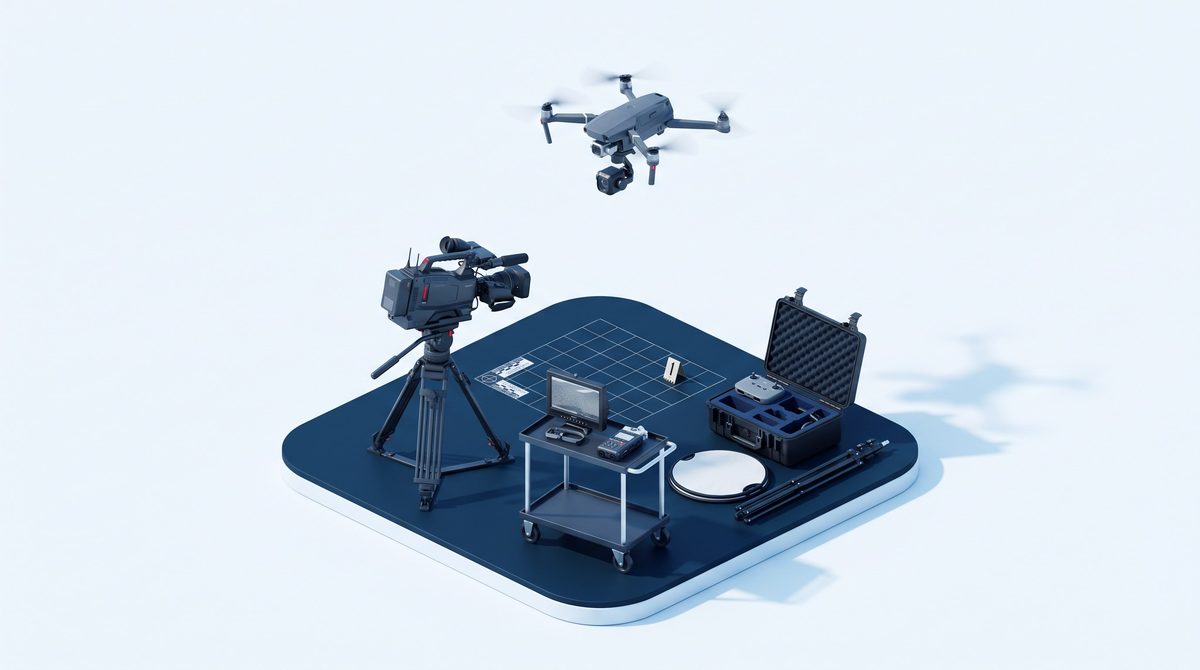 Isometric illustration of an evidentiary field capture kit: camera on a tripod aimed at a marked scene, monitor and recorder cart, equipment case, and a camera drone overhead