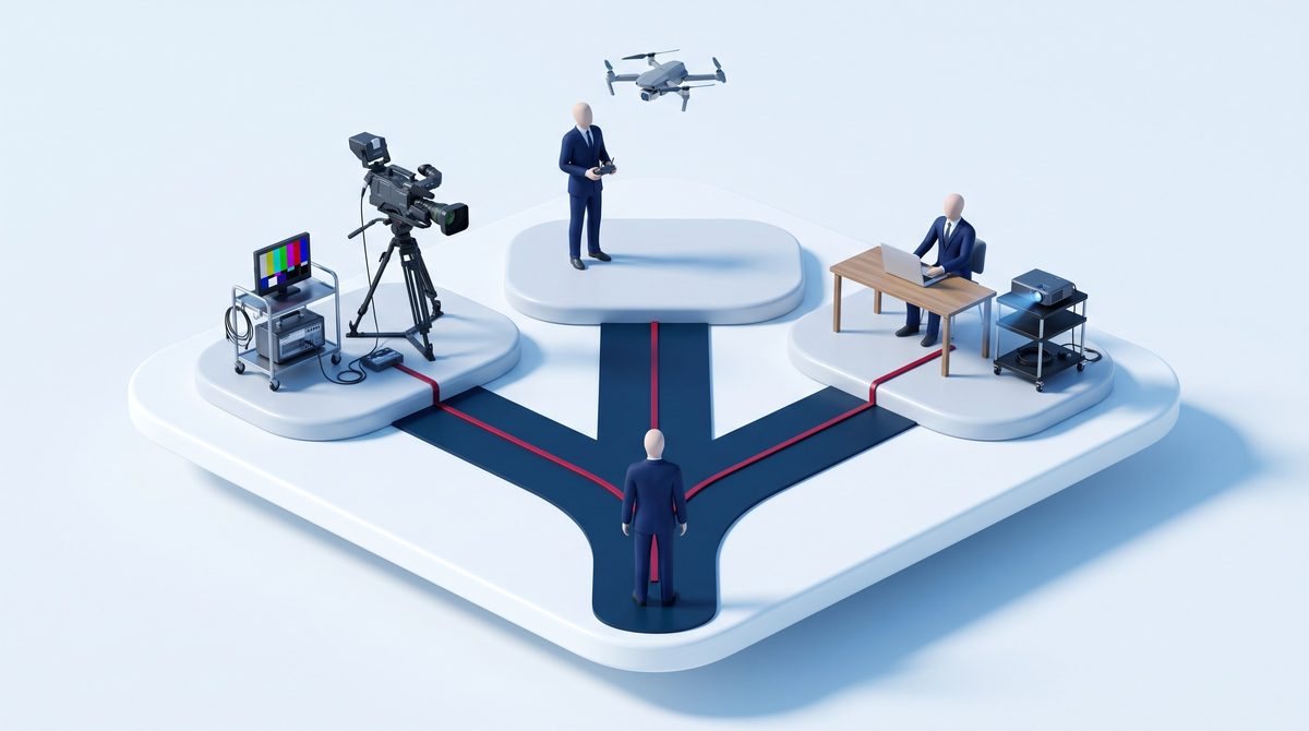 Isometric illustration of the legal video career path: one path forking into deposition video, evidentiary video, and trial technology